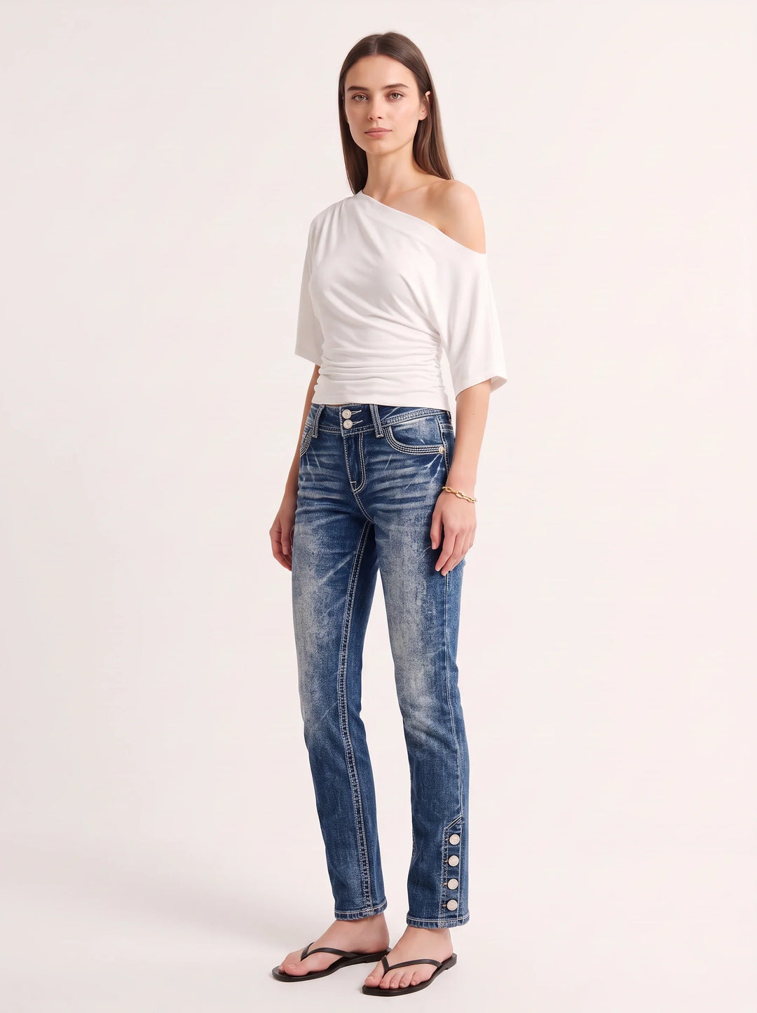 Women's Casual High Rise Denim Bootcut Jeans with Button Detail