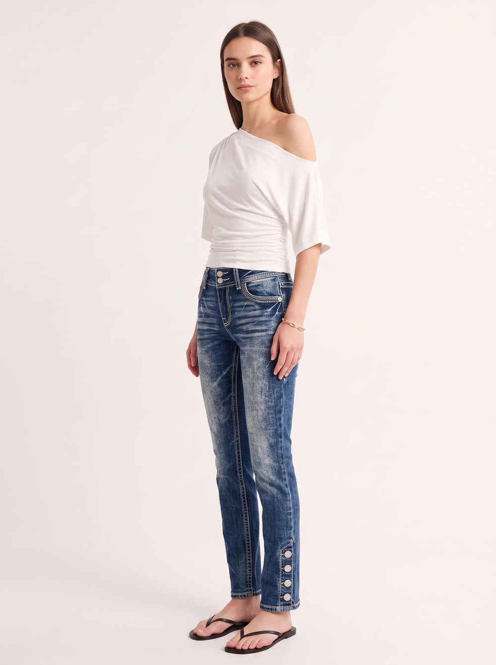 Women's Casual High Rise Denim Bootcut Jeans with Button Detail