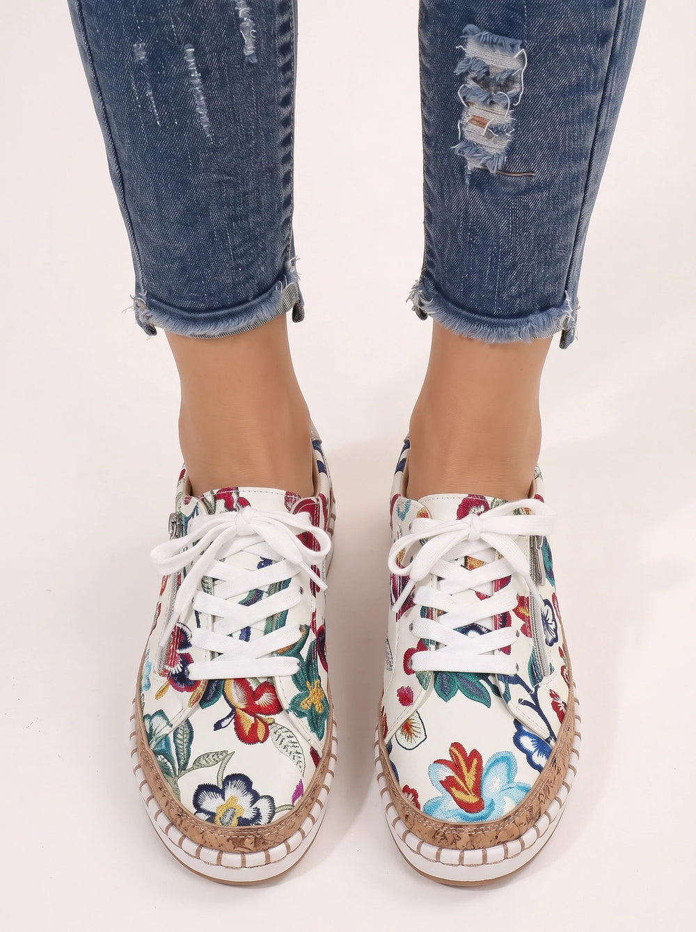 Women's Casual Floral Embroidered Lace-Up Espadrille Sneakers
