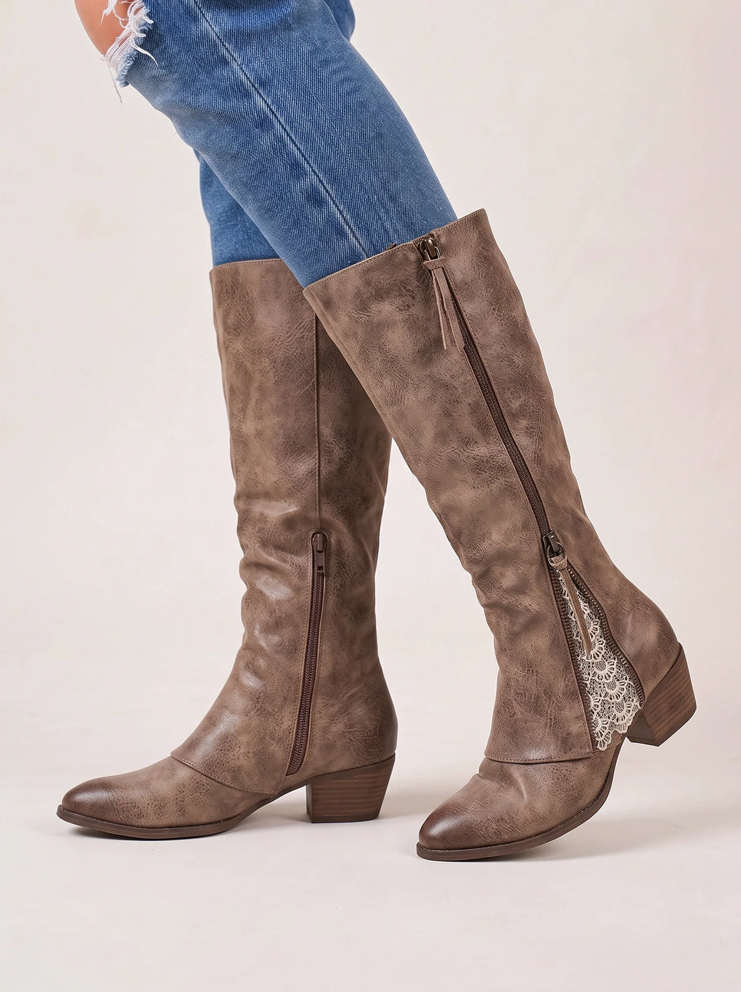 Women's Stylish Suede Knee-High Boots with Low Heel and Lace Detail