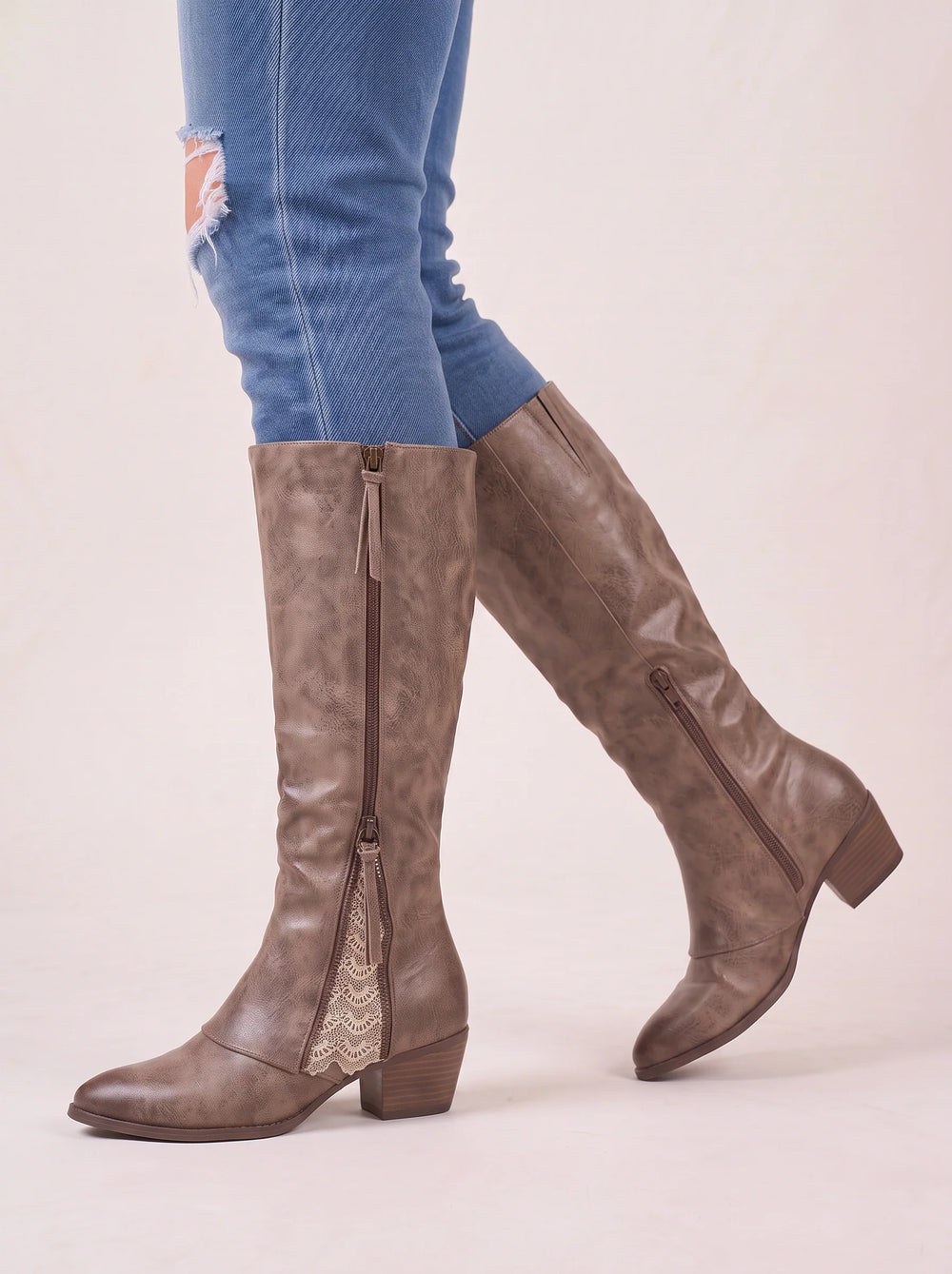 Women's Stylish Suede Knee-High Boots with Low Heel and Lace Detail
