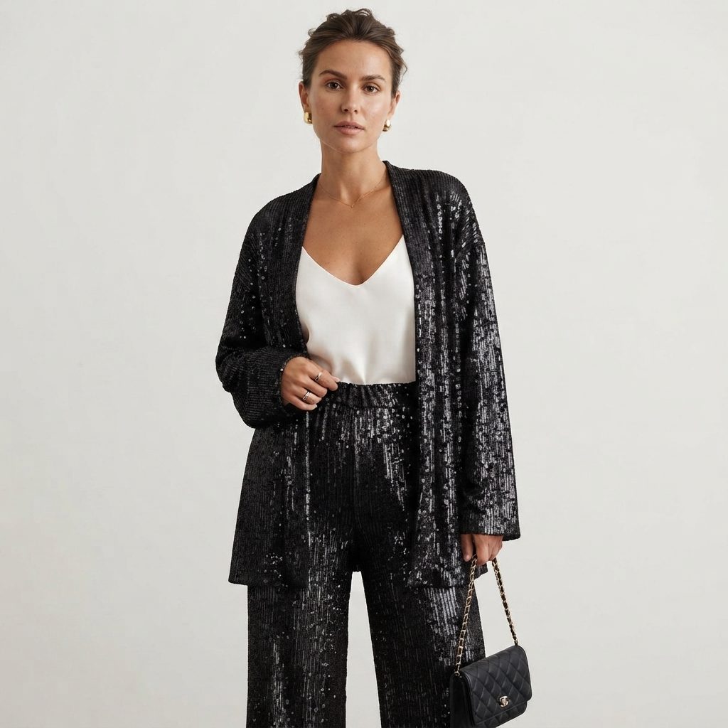 Women's Chic Sequin Knit Cardigan and Wide-Leg Trousers Set
