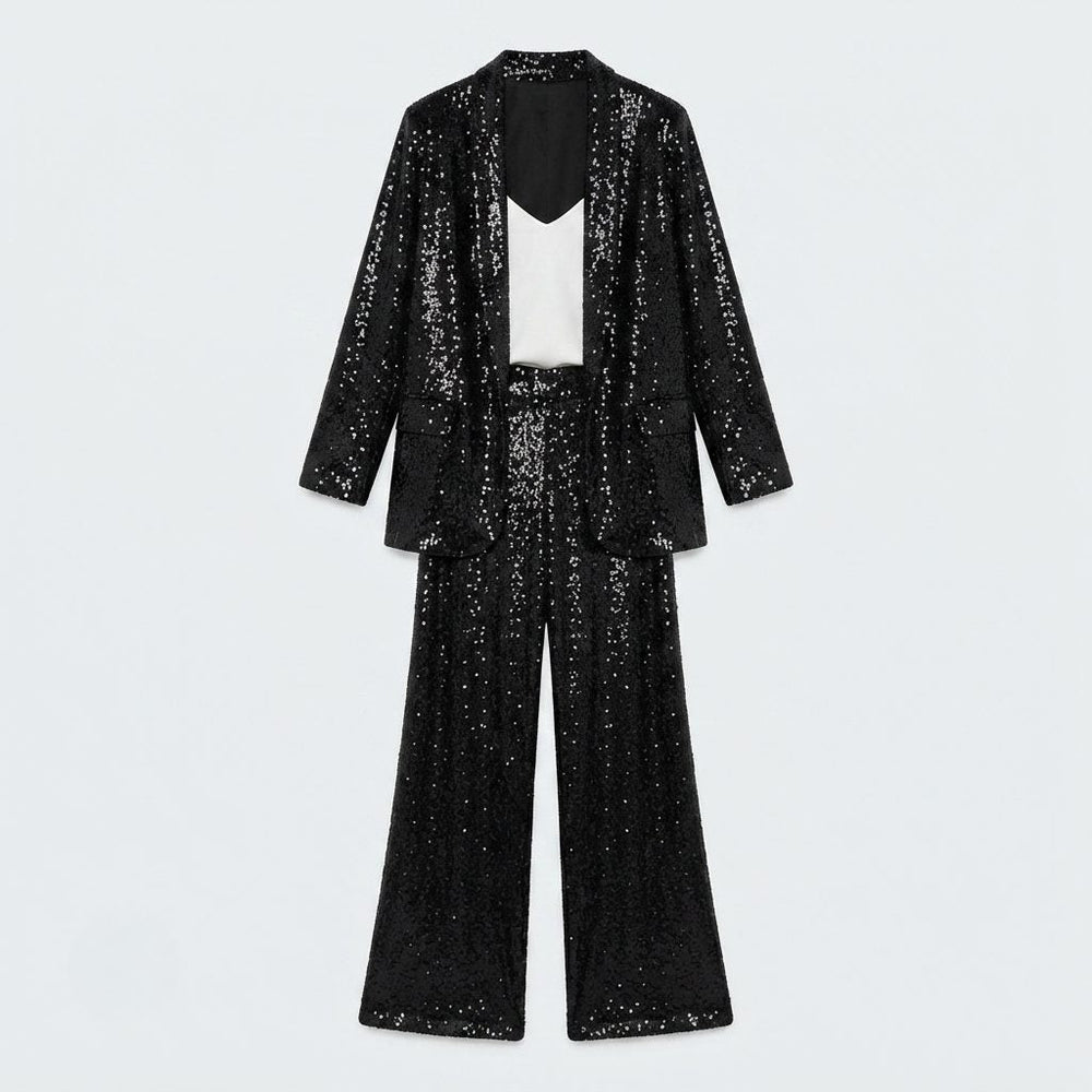 Women's Chic Sequin Knit Cardigan and Wide-Leg Trousers Set