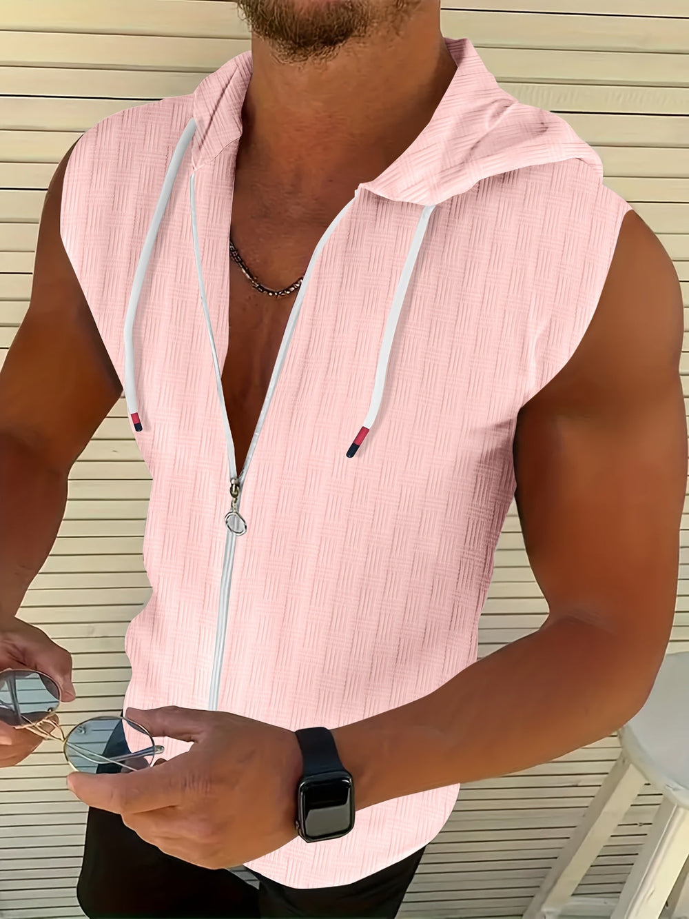 Men's Casual Cotton Hooded Zip Tank Top