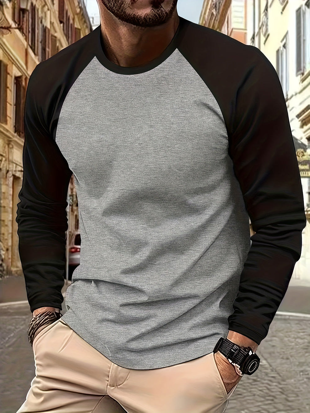 Men's Casual Two-Tone Cotton Raglan Long-Sleeve Top