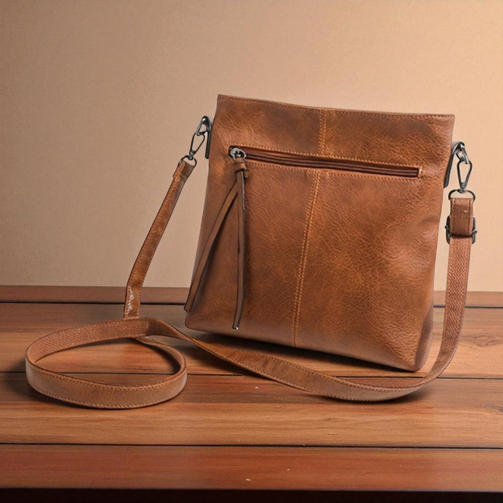 Women's Casual Leather Zipper Sling Bag Brown