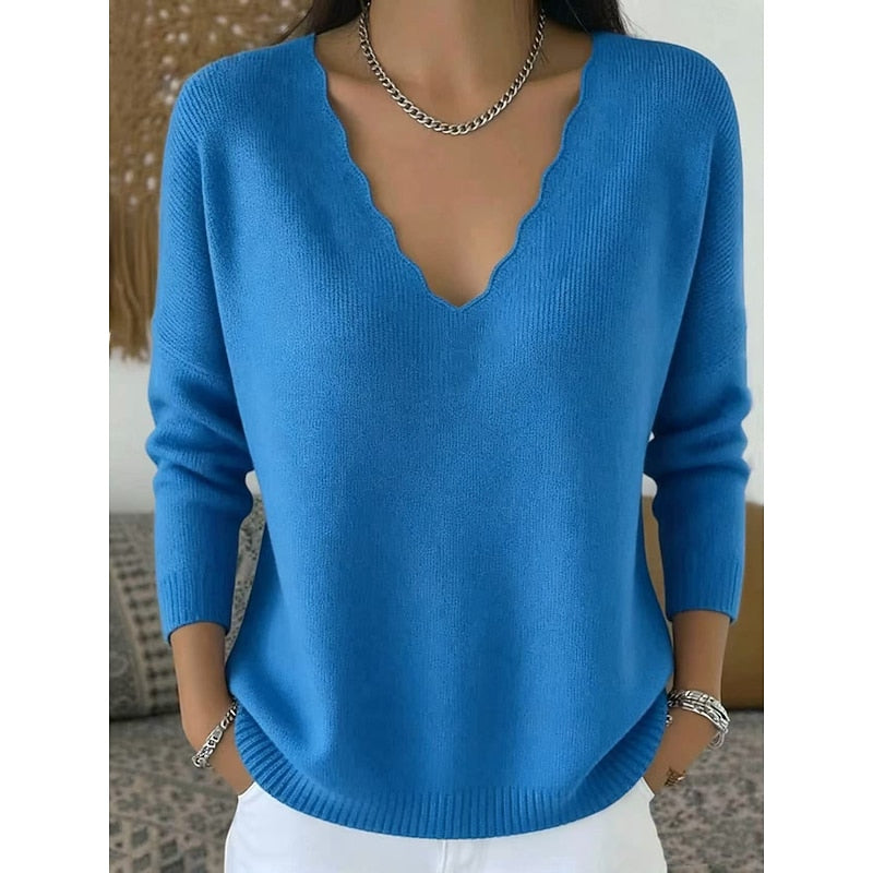 Women's Casual Scalloped V-Neck Cotton Pullover Sweater