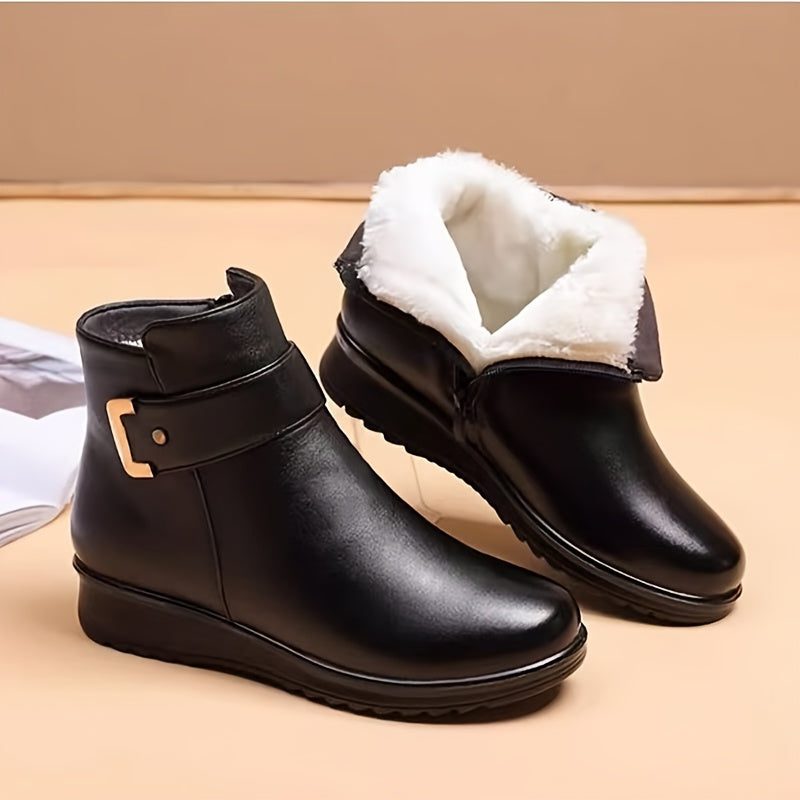 Women's Casual Fleece-Lined Leather Ankle Boots with Buckle