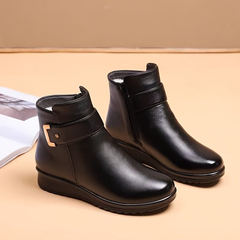 Women's Casual Fleece-Lined Leather Ankle Boots with Buckle