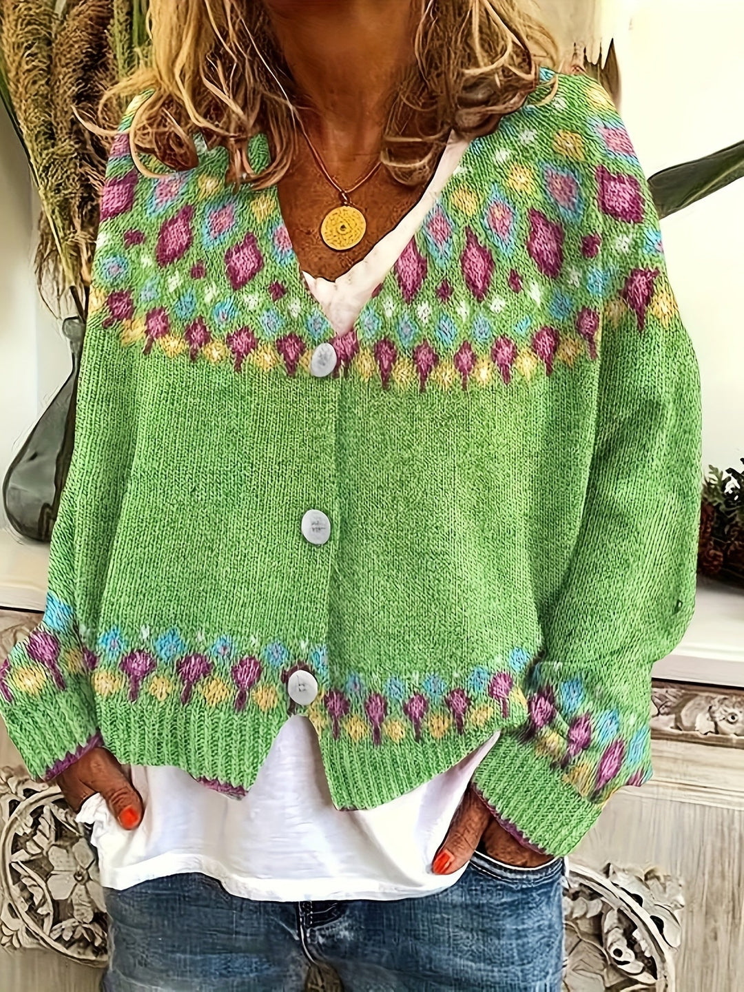 Women's Classic Wool Blend Nordic Pattern Button Front Cardigan