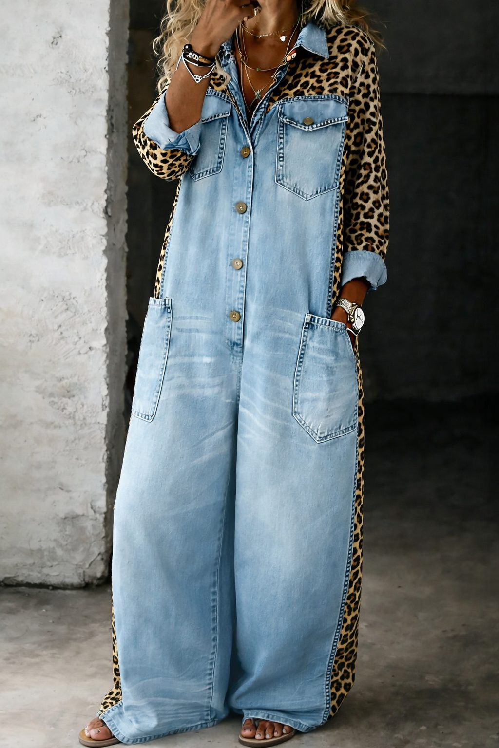 Women's Casual Animal Print Denim Long Sleeve Jumpsuit