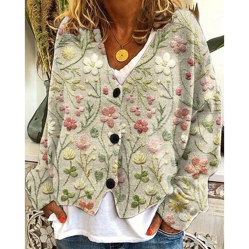 Women's Casual Floral Open-Front Knit Cardigan