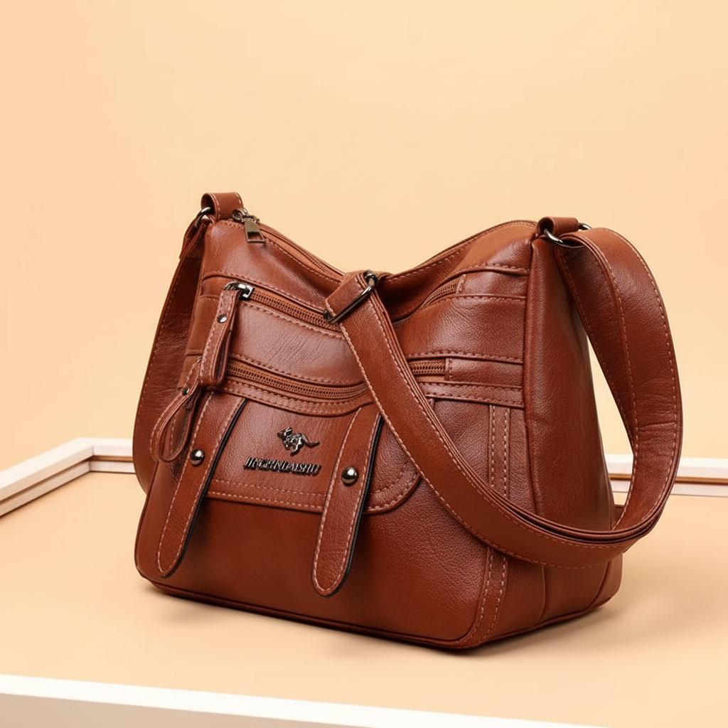 Women's Casual Zip-Top Leather Multi-Pocket Handbag