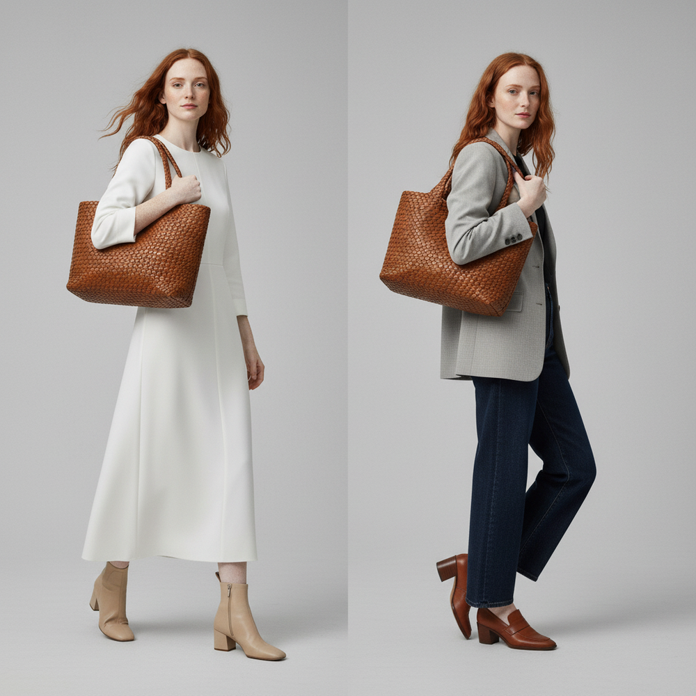 Women's Casual Woven Vegan Leather Tote Bag