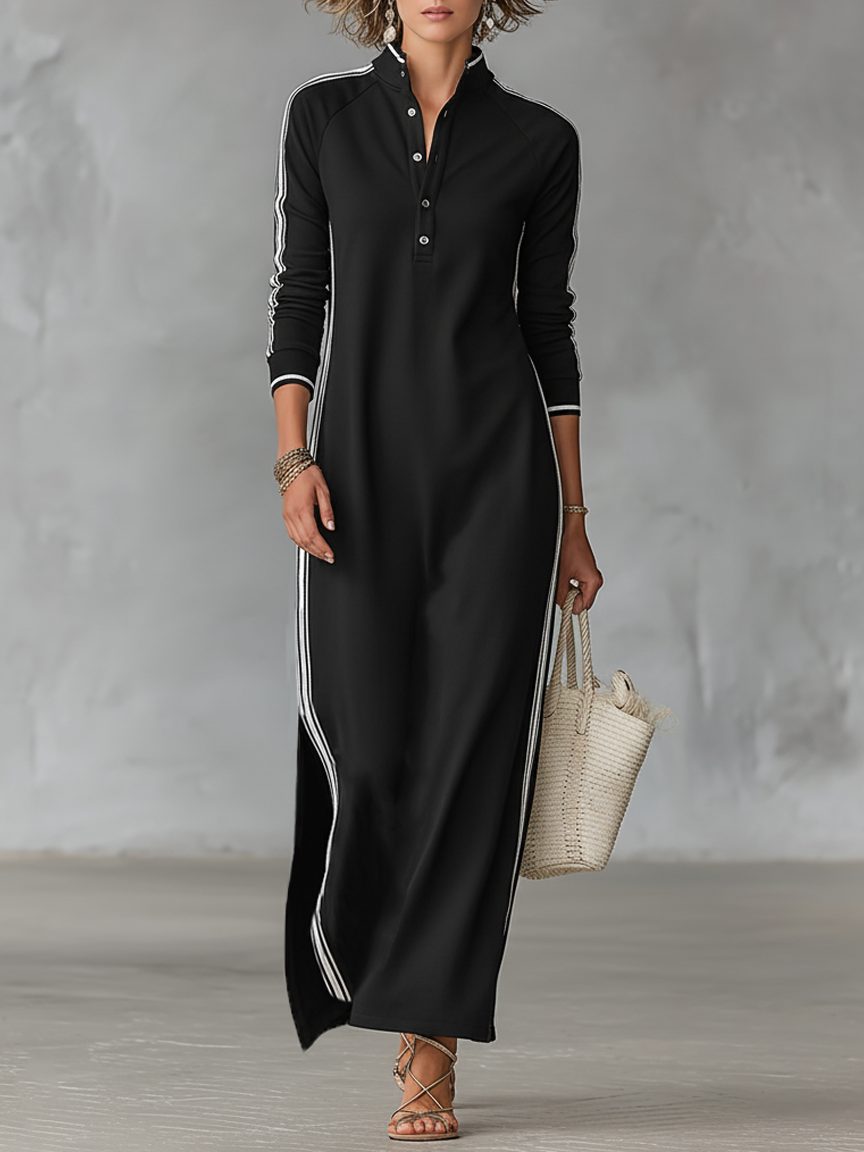 Women's Casual Knit Maxi Sweater Dress with Collar and Buttons