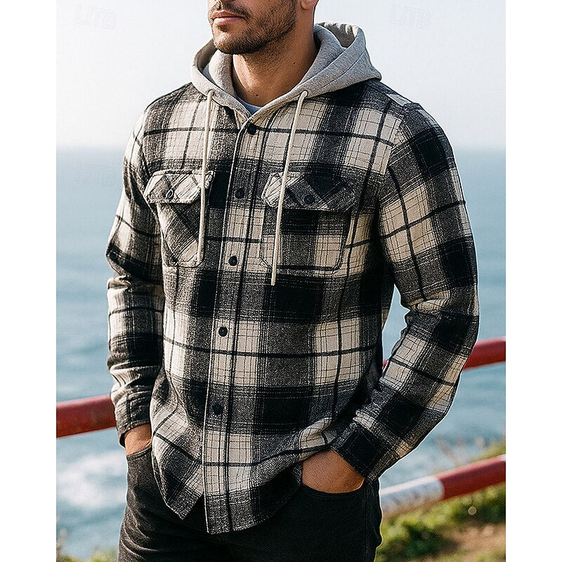 Men's Rugged Cotton Hooded Plaid Shirt Jacket