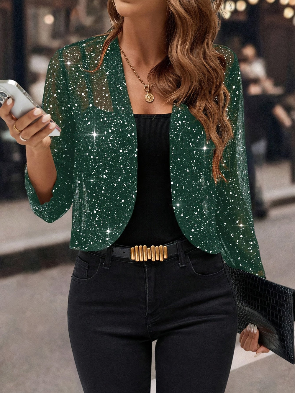 Women's Stylish Shimmer Cropped Jacket Layering Piece