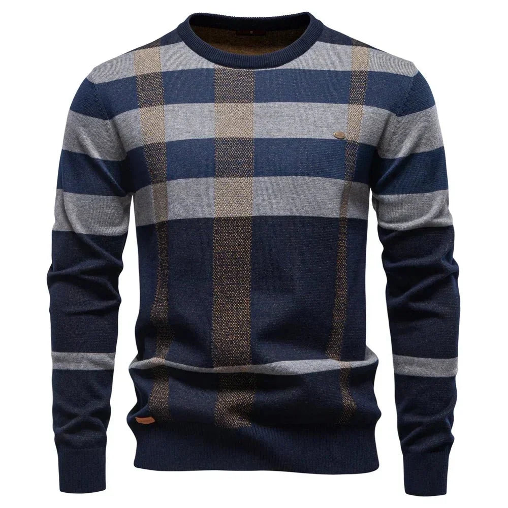 Men's Classic Check Panel Cotton Crew Neck Sweater