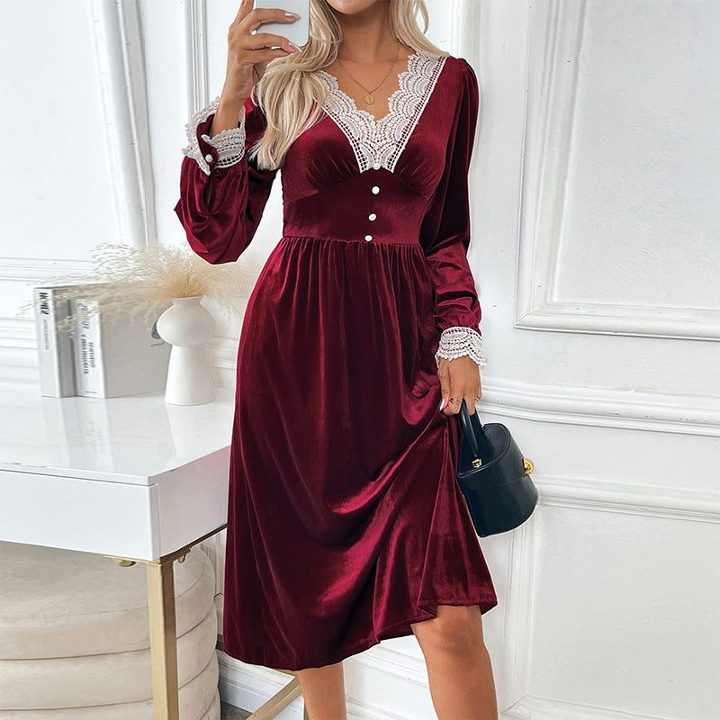 Women's Elegant Velvet Lace V-Neck Midi Dress