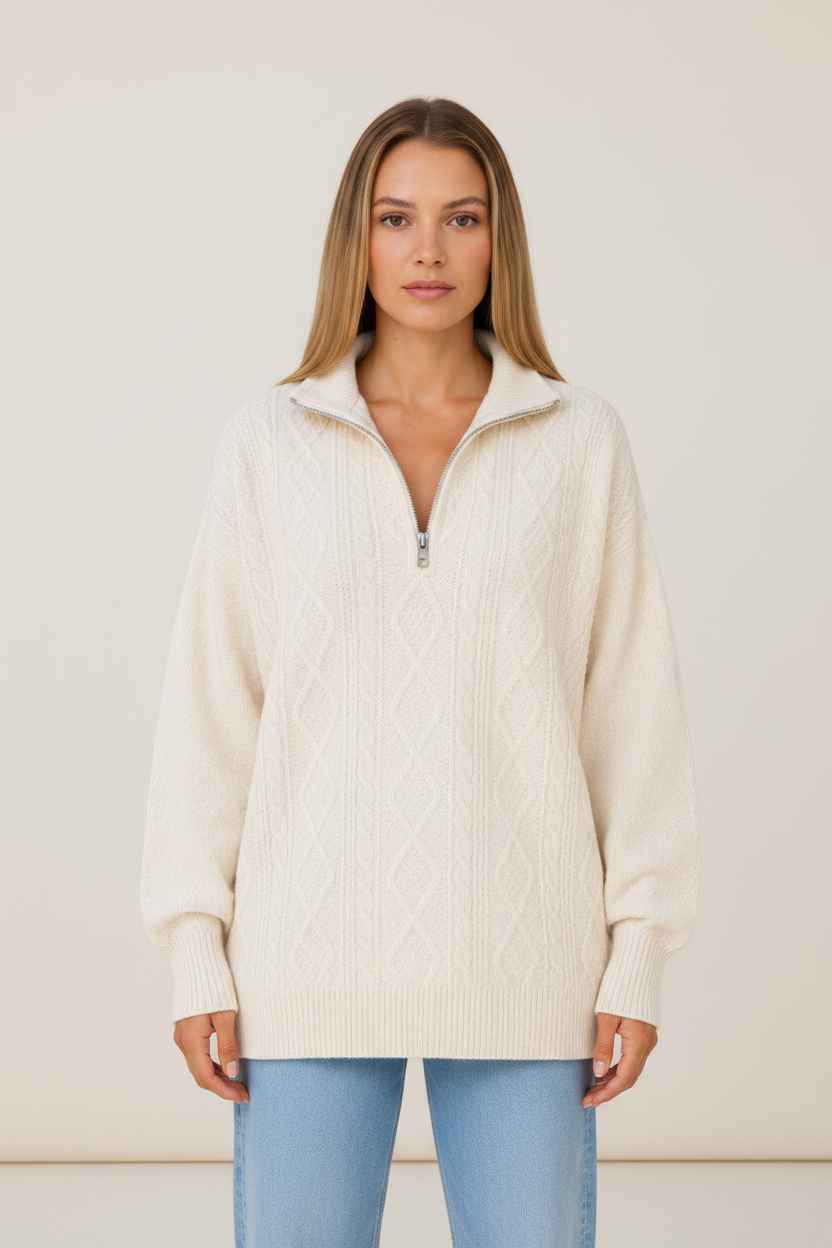 Women's Classic Cable Knit Half Zip Funnel Neck Jumper