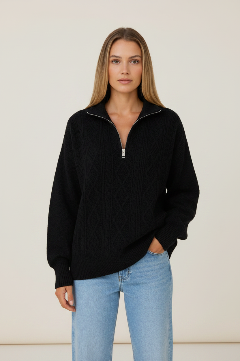 Women's Classic Cable Knit Half Zip Funnel Neck Jumper
