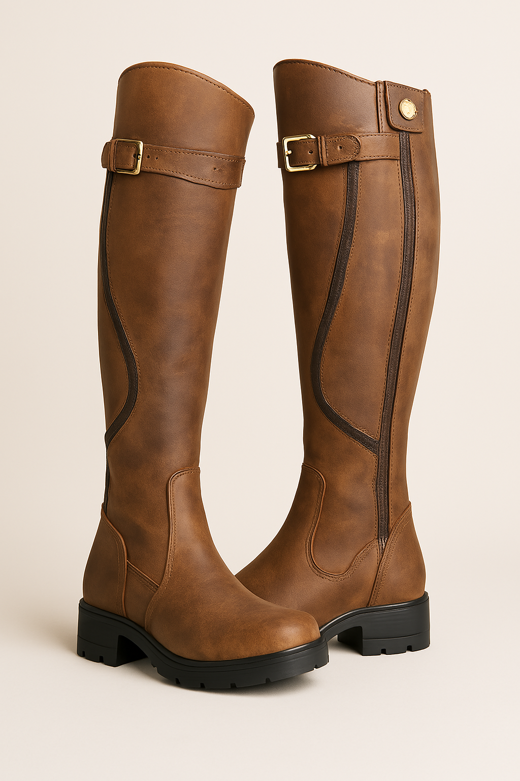 Women's Stylish Leather Knee-High Buckle Strap Boots