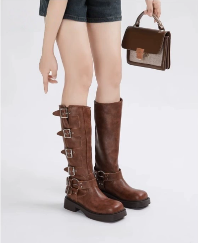 Women's Casual Leather Buckle Strap Low Heel Boots