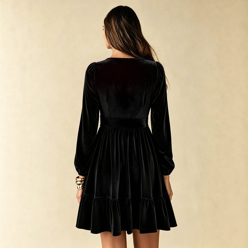 Women's Elegant Velvet V-Neck Puff Sleeve Mini Dress