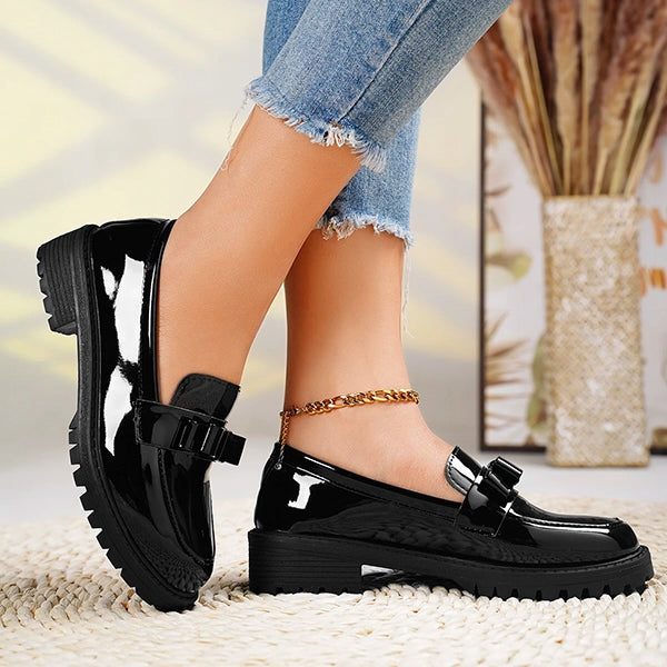 Women's Chic Leather Platform Loafers with Bow Detail