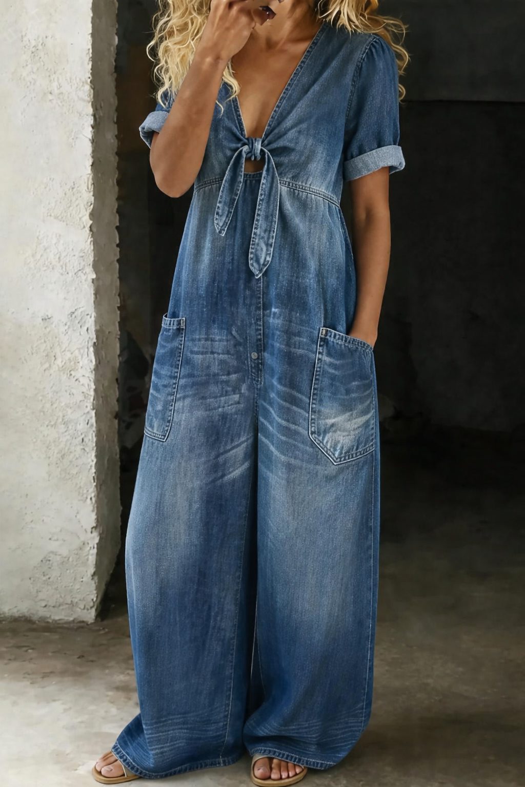 Women's Classic Wide Leg Denim Jumpsuit with V-Neck and Short Sleeves