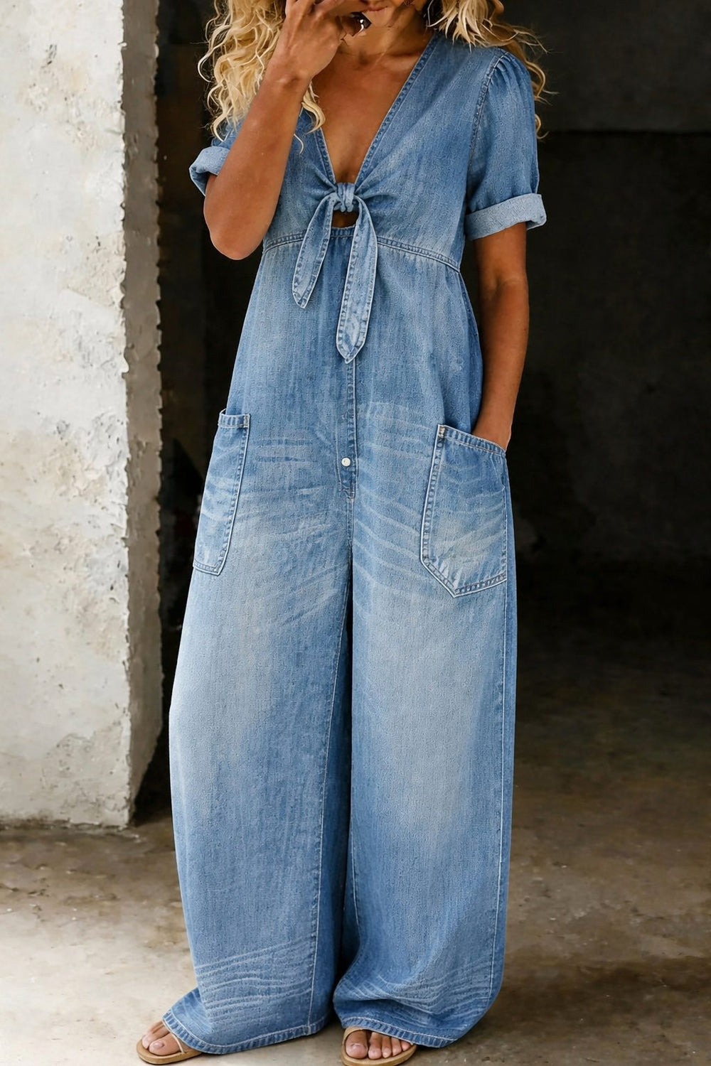 Women's Classic Wide Leg Denim Jumpsuit with V-Neck and Short Sleeves