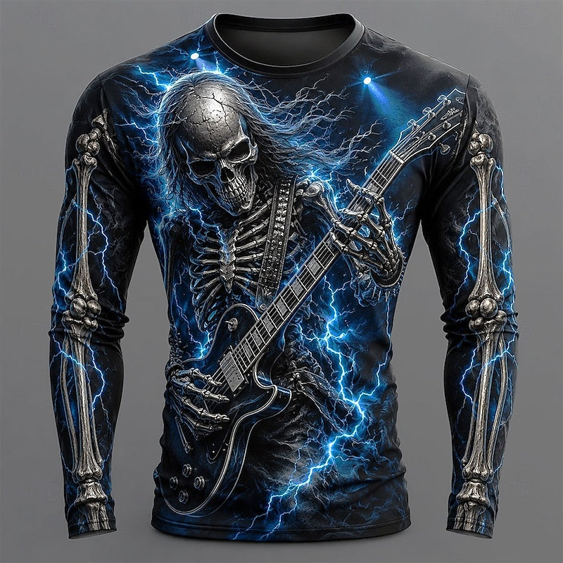 Men's Casual Cotton Long Sleeve Skeleton Guitar Shirt