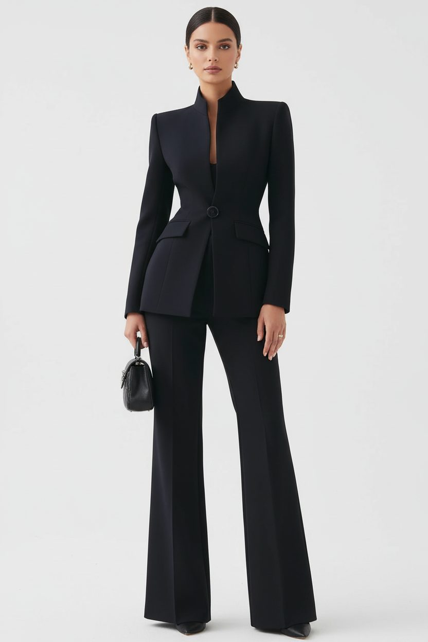 Women's Classic Double-Breasted Blazer and Wide Leg Pants Set