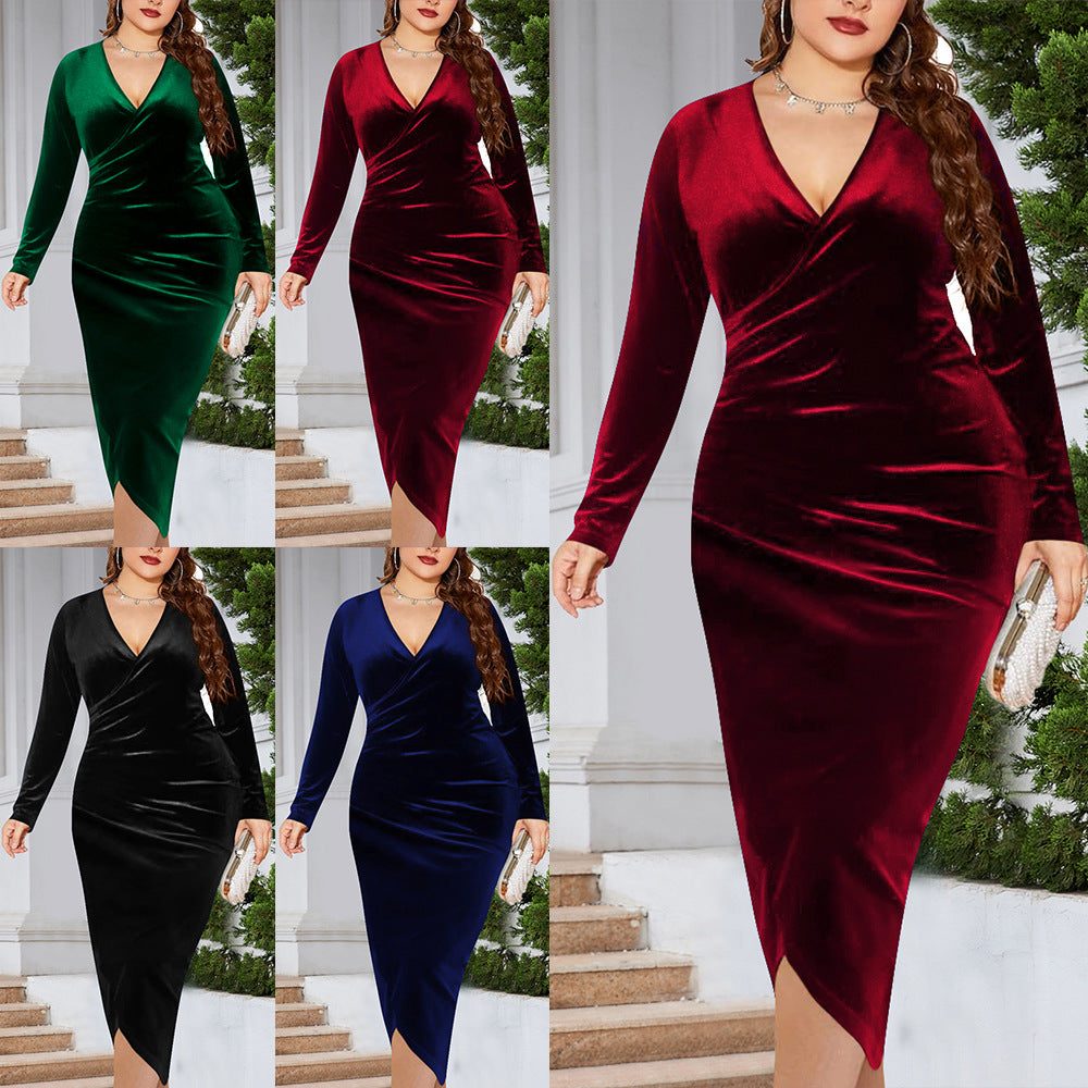 Women's Elegant Velvet Wrap Midi Dress with V-Neck and Long Sleeves