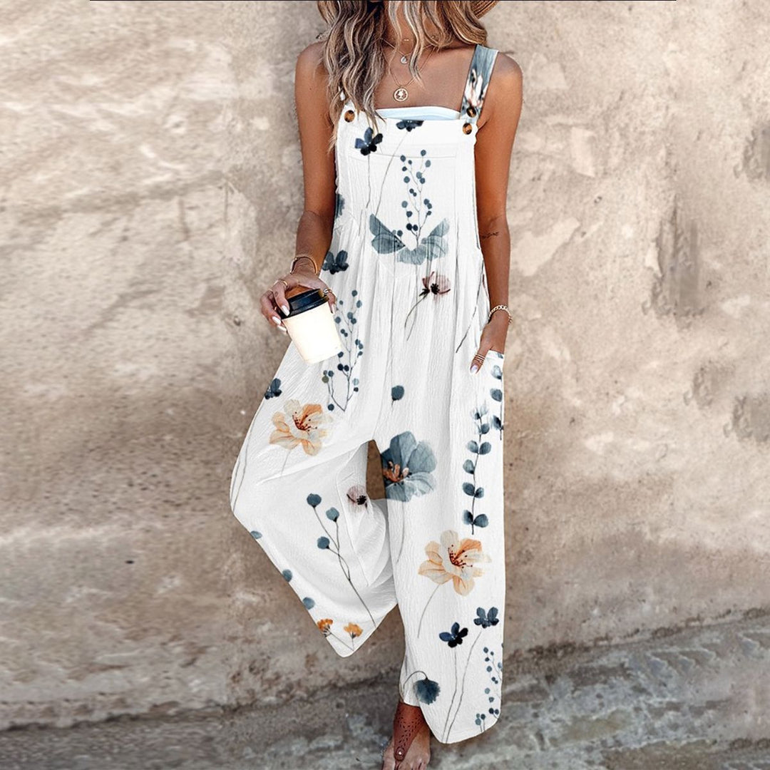 Women's Casual Floral Sleeveless Wide Leg Jumpsuit with Square Neck