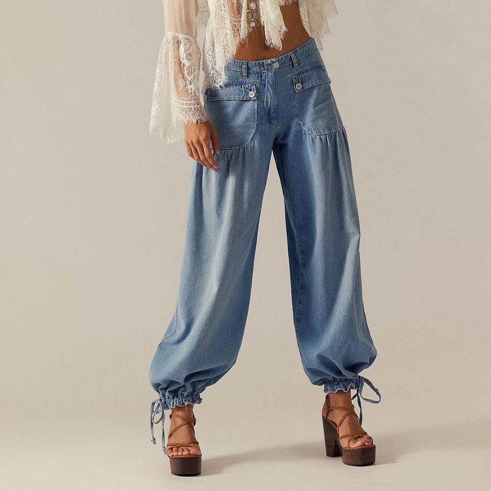 Women's Casual Wide Leg Denim Jeans with Cropped Ankle Drawstring