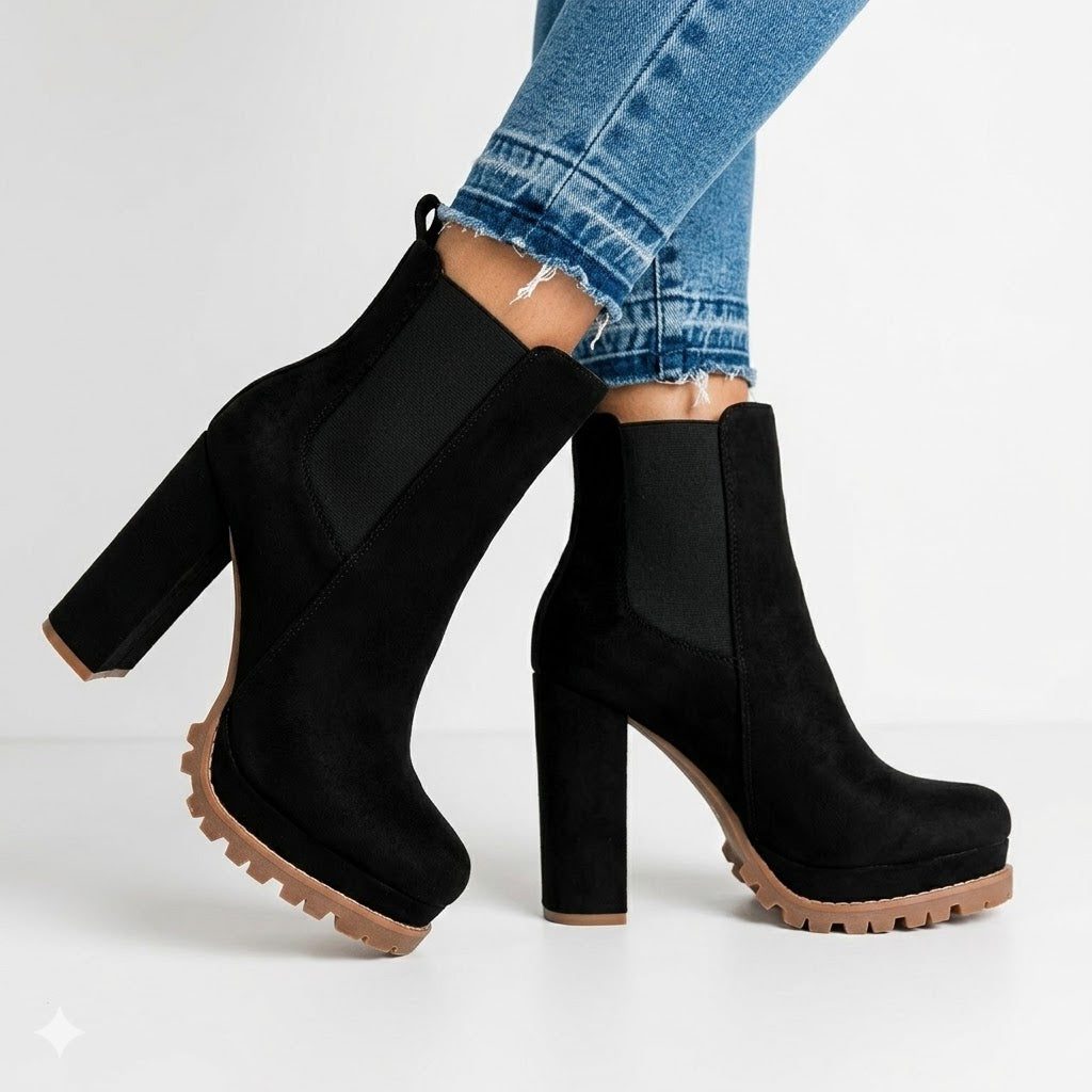 Women's Stylish Leather Platform Block Heel Ankle Boots