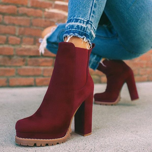 Women's Stylish Leather Platform Block Heel Ankle Boots