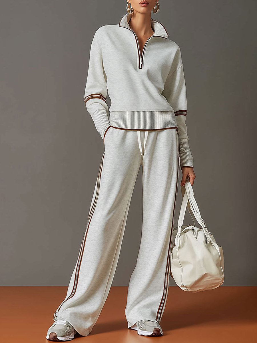 Women's Casual Ribbed Knit Half-Zip Co-Ord Set