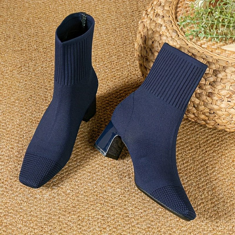 Women's Stylish Ribbed Knit Block Heel Ankle Boots