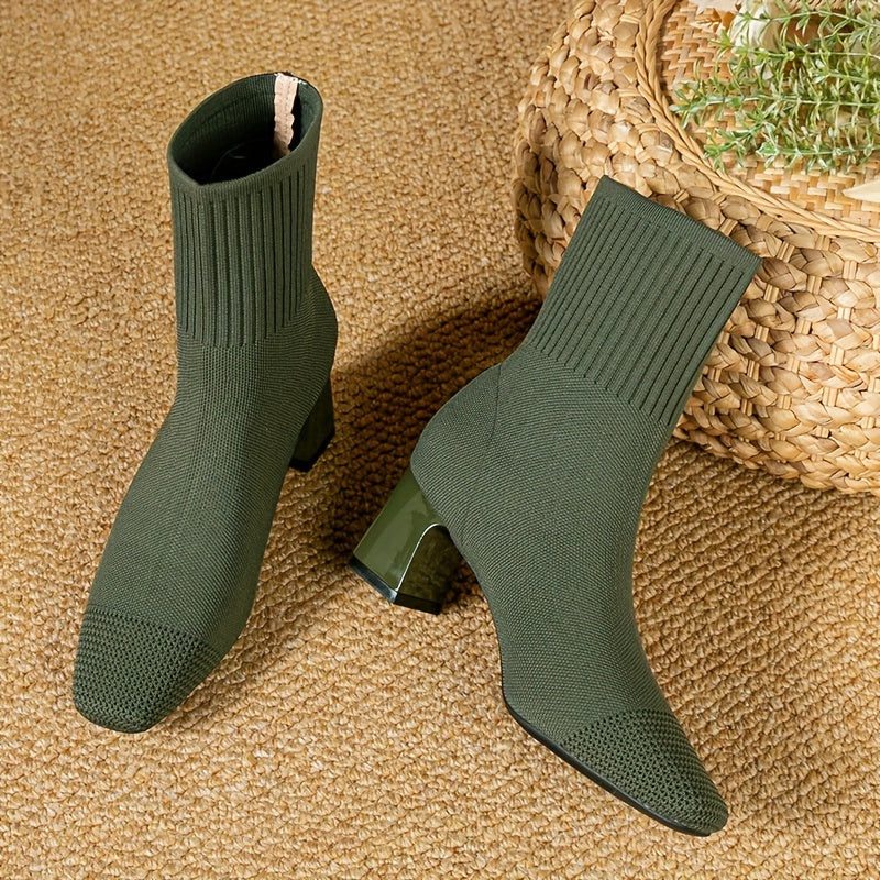 Women's Stylish Ribbed Knit Block Heel Ankle Boots