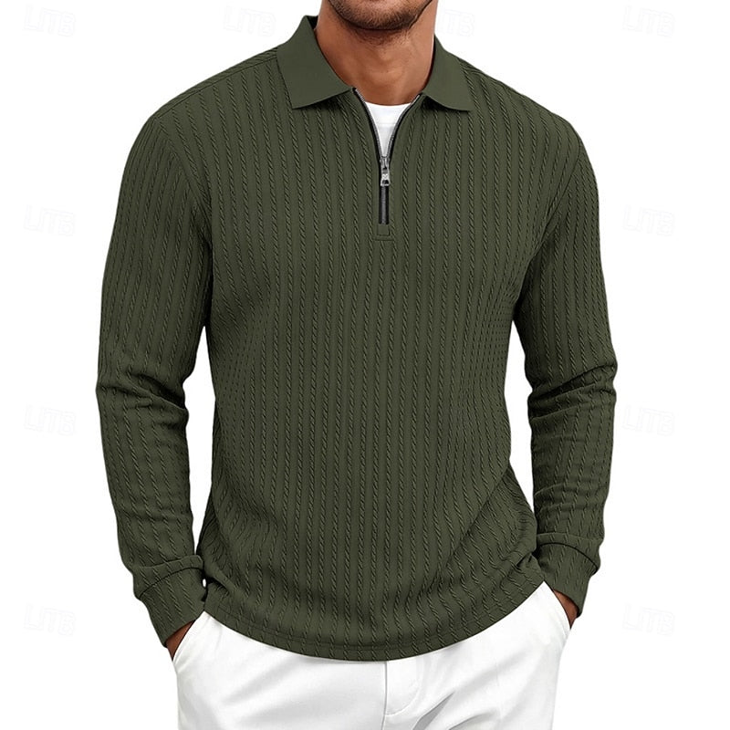 Men's Casual Textured Cotton Quarter-Zip Polo Shirt