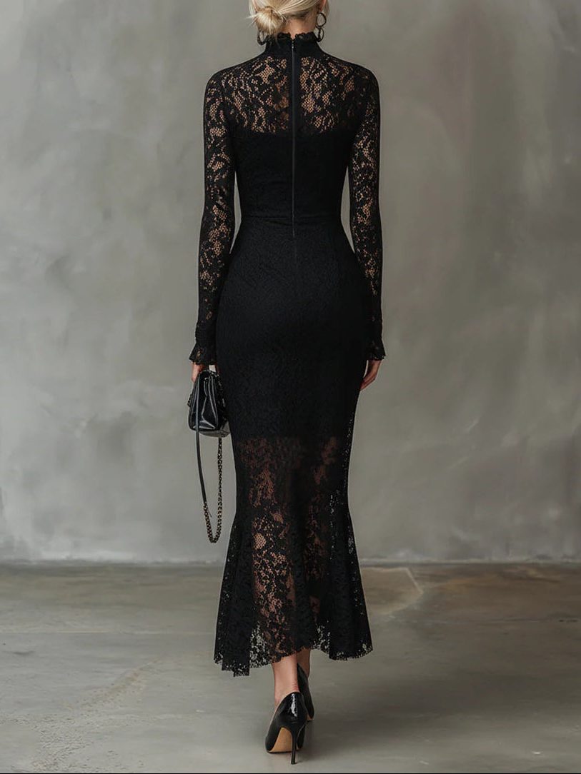 Women's Elegant Lace High Neck Fishtail Maxi Dress
