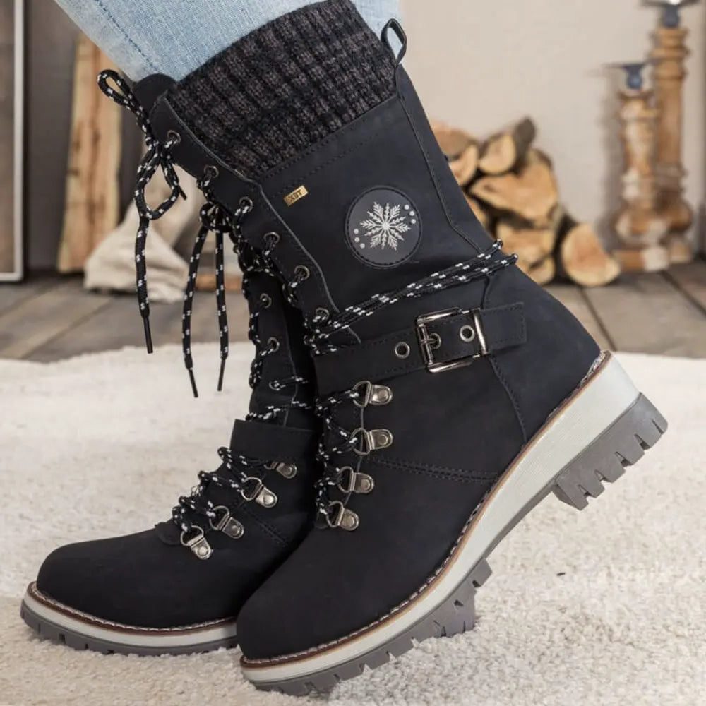 Women's Stylish Leather Lace-Up Ankle Boots with Buckle Strap