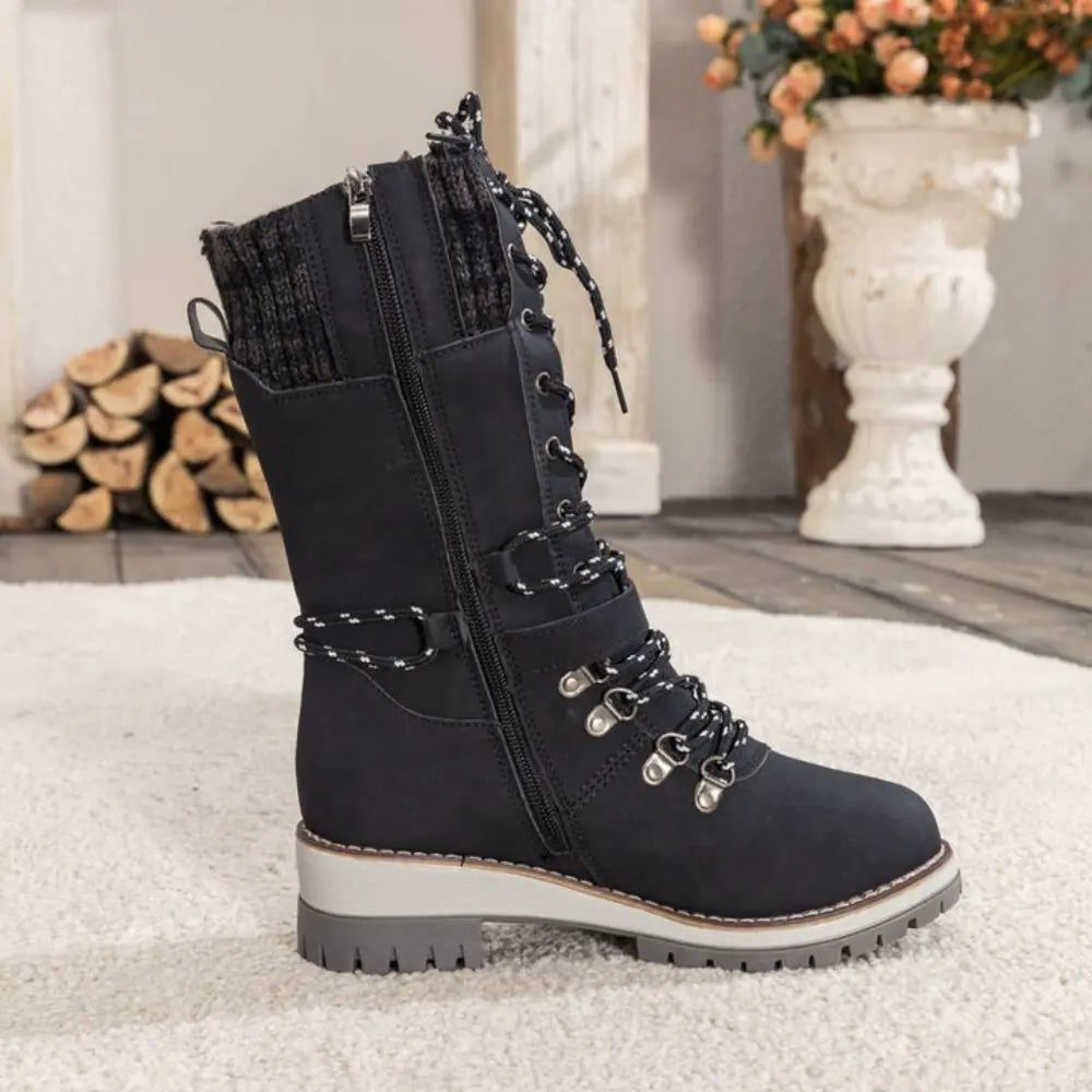 Women's Stylish Leather Lace-Up Ankle Boots with Buckle Strap