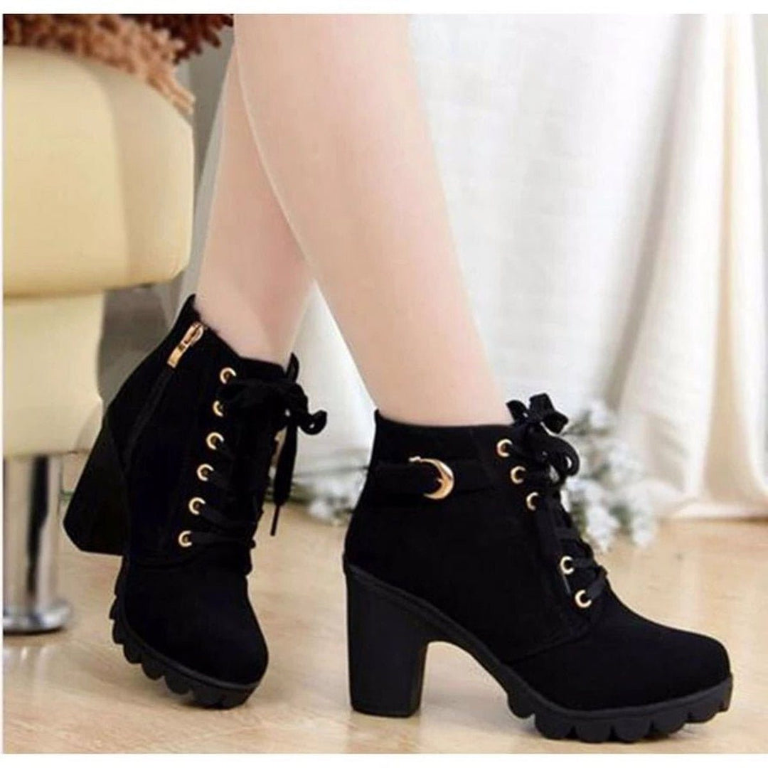 Women's Stylish Leather Lace-Up Block Heel Ankle Boots