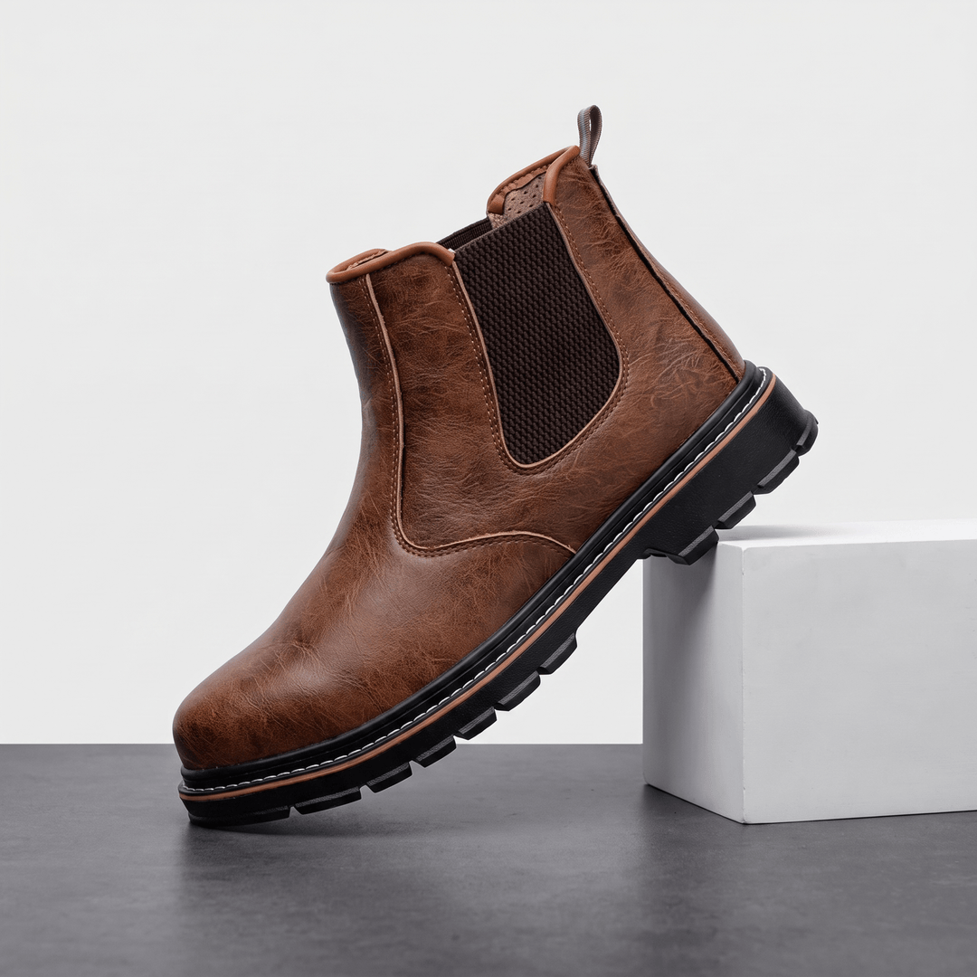 Men's Classic Leather Lugged Chelsea Work Boots Brown