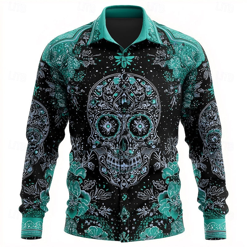 Men's Casual Cotton Skull Print Button-Up Shirt
