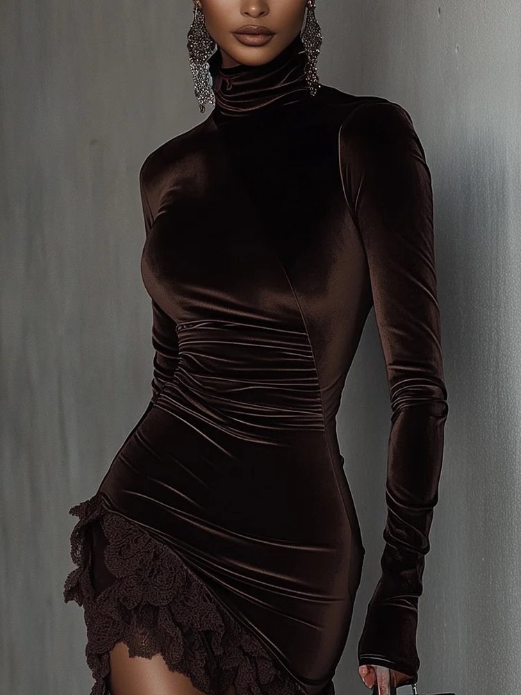 Women's Elegant Velvet Mini Dress with Long Sleeves and Lace Hem