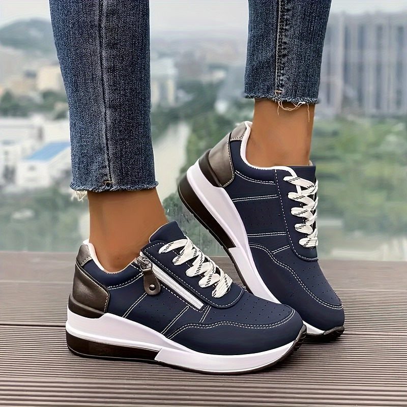 Women's Stylish Lace-Up Leather Platform Sneakers